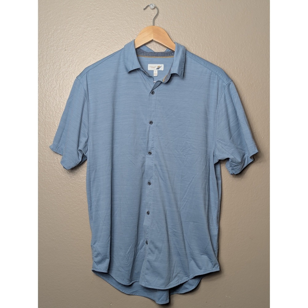 Fundamental Coast Button Down Shirt Mens L Blue Performance Stretch Short Sleeve